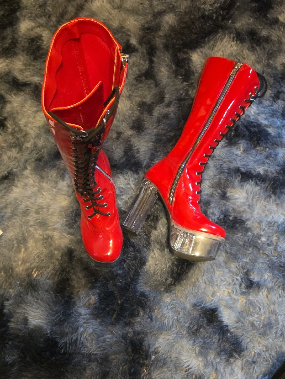 Red Patent Platform Lace-Up Knee Boots
